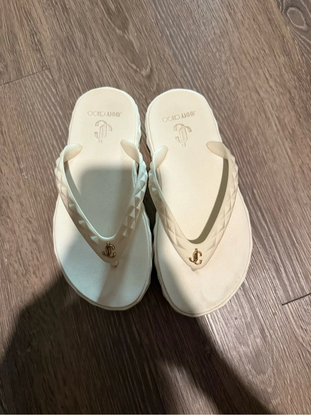 Jimmy Choo Cream Quilted Logo Thong Sandals